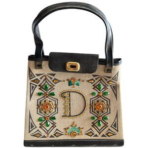 Vintage Canvas & Brown Purse Embellished Design Gold Monogram D Accents
